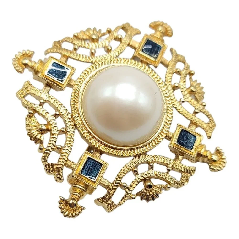 Monet Faux Pearl Blue Enamel Gold Tone Openwork Medallion Vintage Brooch